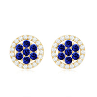 Lab-created blue sapphire flower earrings with diamond halo from Rosec Jewels, featuring vibrant blue sapphires and sparkling diamonds.