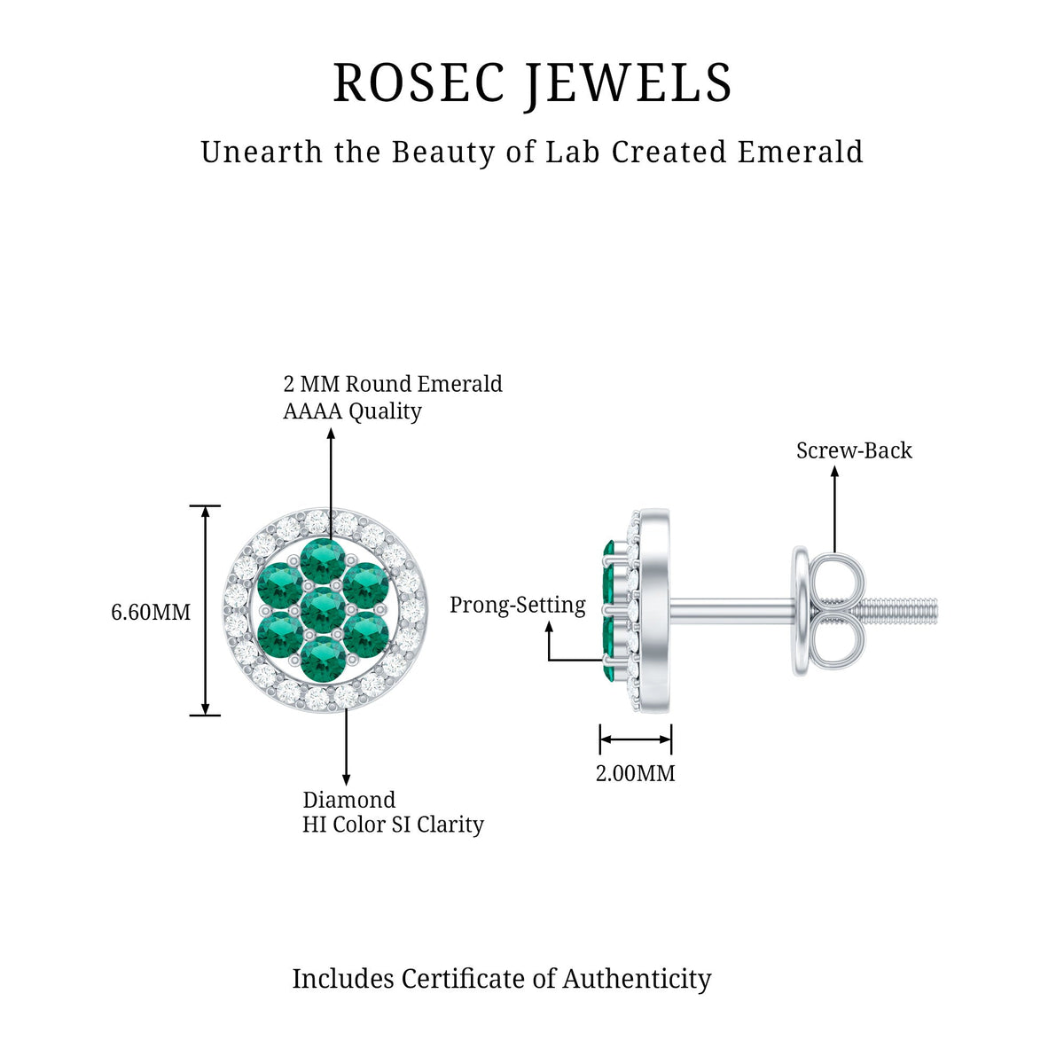 Lab created emerald flower earrings with diamond halo featuring vibrant green stones and sparkling diamonds, elegant jewelry by Rosec Jewels.