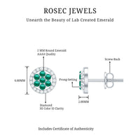 Lab created emerald flower earrings with diamond halo featuring vibrant green stones and sparkling diamonds, elegant jewelry by Rosec Jewels.