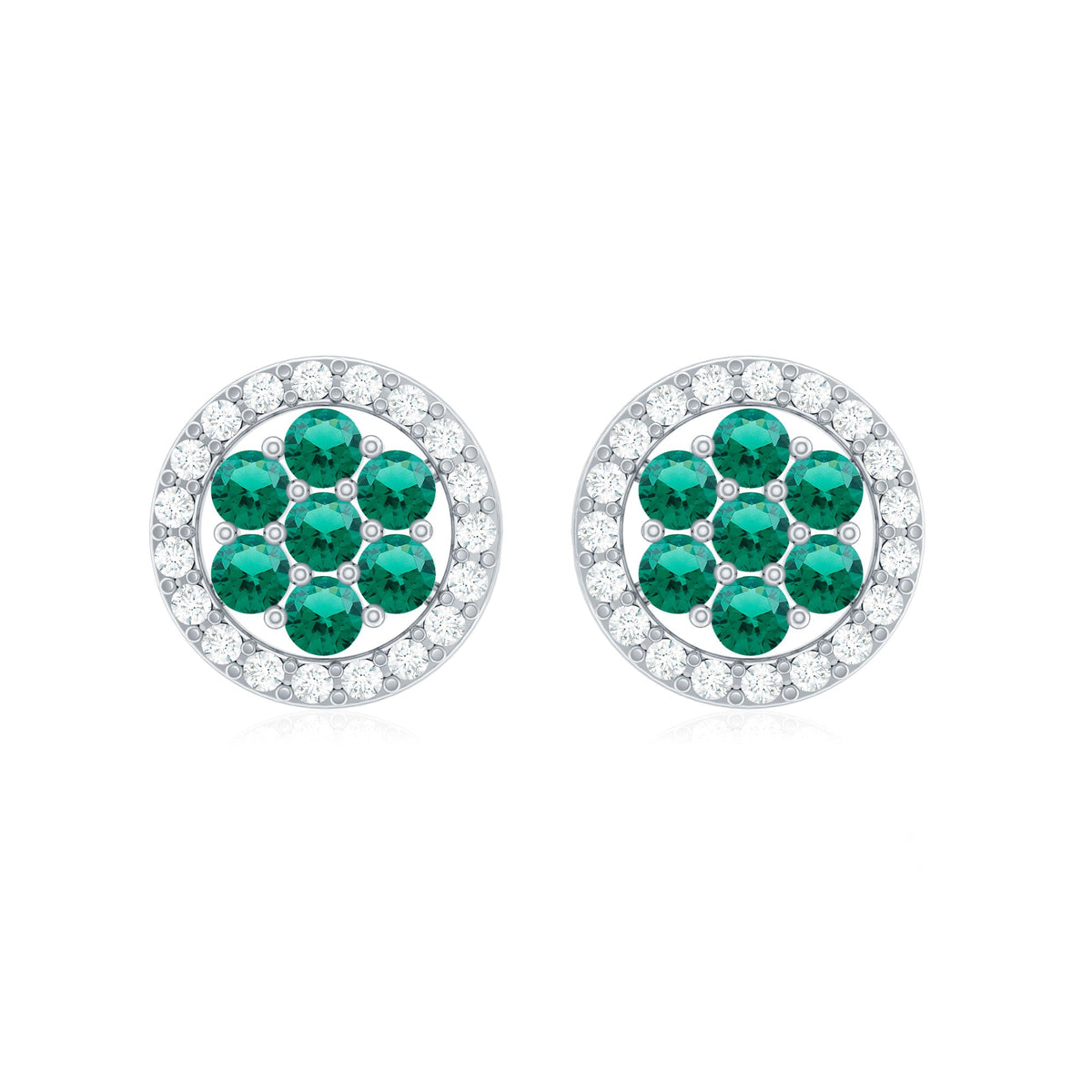 Lab-created emerald flower earrings with diamond halo from Rosec Jewels, featuring vibrant green gemstone flowers and sparkling diamond accents.