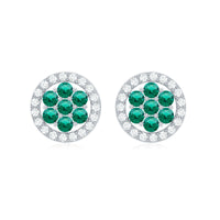 Lab-created emerald flower earrings with diamond halo from Rosec Jewels, featuring vibrant green gemstone flowers and sparkling diamond accents.