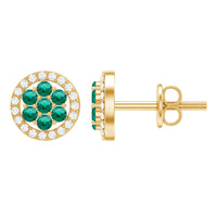 Lab-created emerald flower earrings with diamond halo, featuring intricate floral design and sparkling accents by Rosec Jewels.