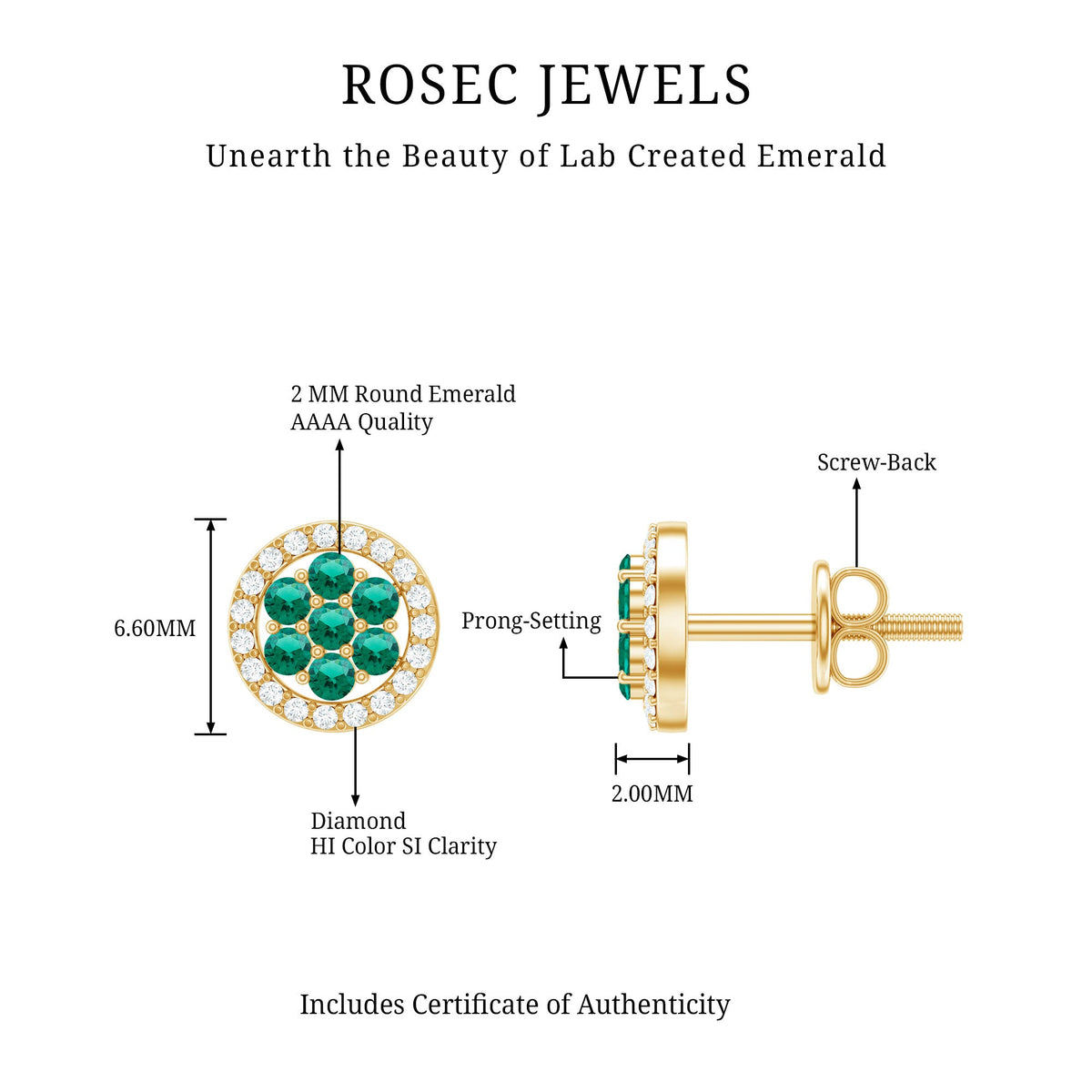 Lab-created emerald flower earrings with diamond halo, featuring intricate floral design and sparkling accents by Rosec Jewels.