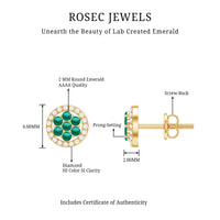 Lab-created emerald flower earrings with diamond halo, featuring intricate floral design and sparkling accents by Rosec Jewels.