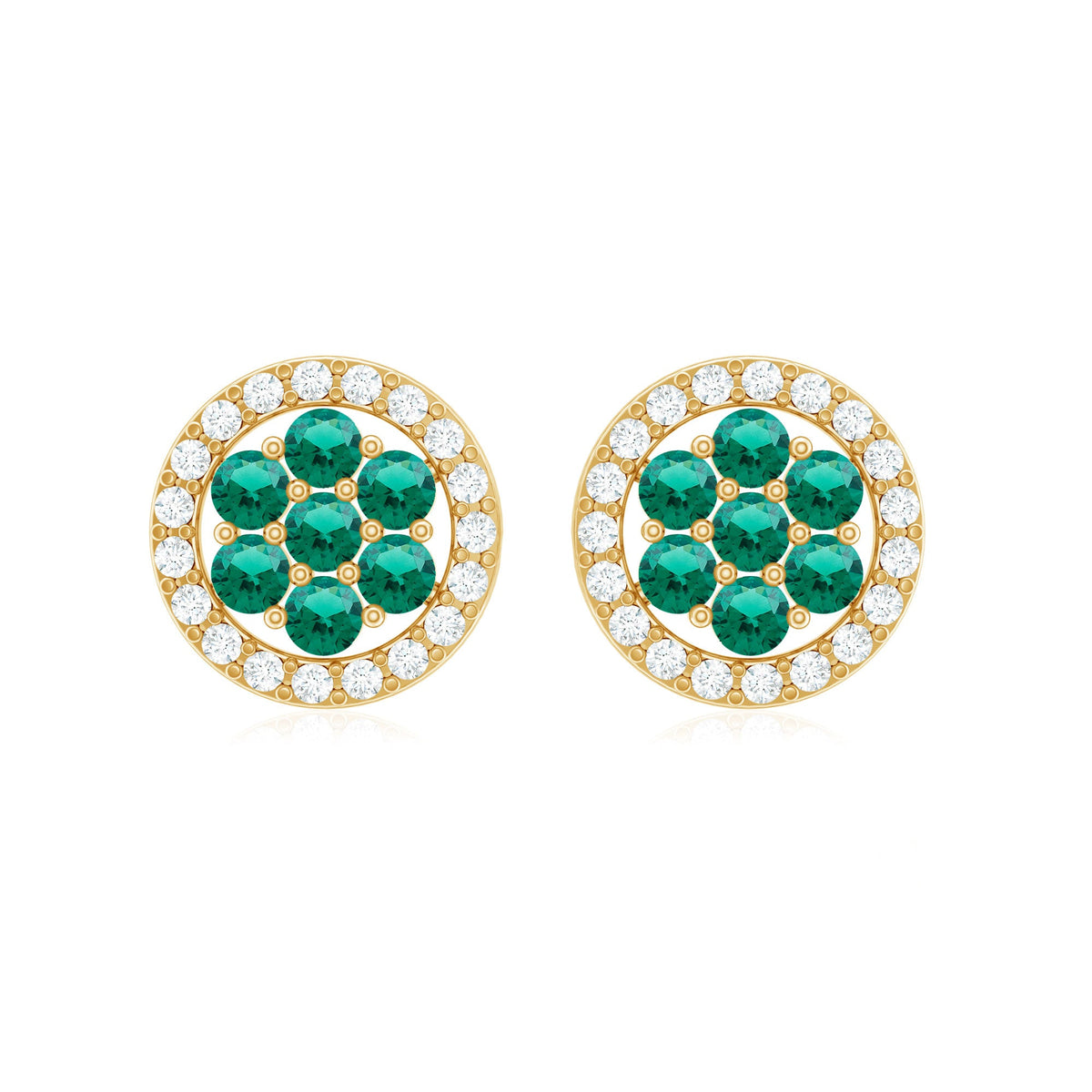 Lab-created emerald flower earrings with diamond halo by Rosec Jewels, featuring vibrant green gemstone floral design and sparkling accents.