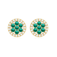 Lab-created emerald flower earrings with diamond halo by Rosec Jewels, featuring vibrant green gemstone floral design and sparkling accents.
