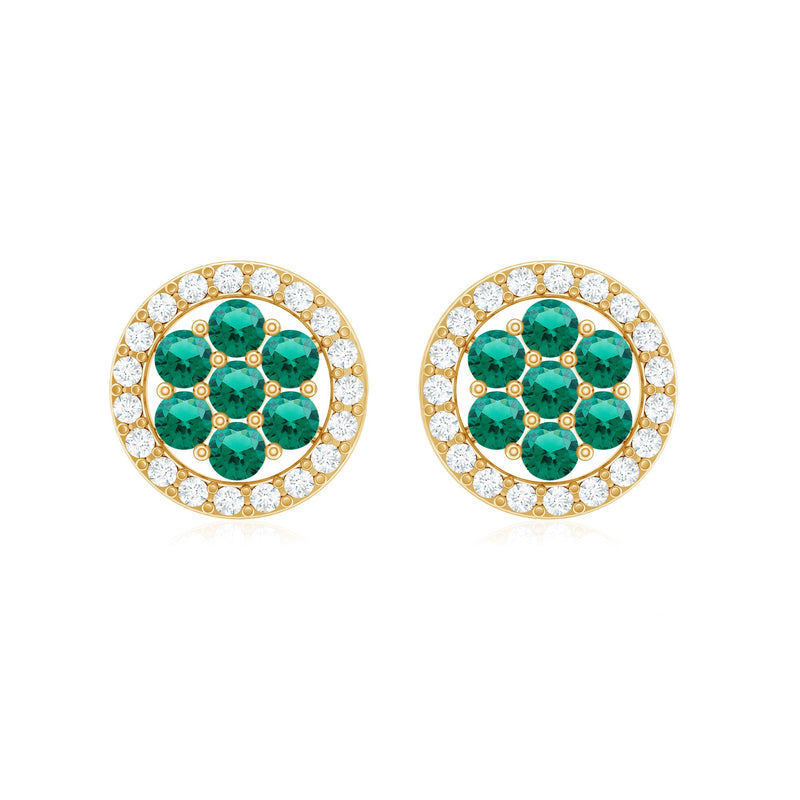 Lab-created emerald flower earrings with diamond halo by Rosec Jewels, featuring vibrant green gemstone floral design and sparkling accents.