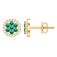 Lab-created emerald flower earrings with diamond halo by Rosec Jewels, featuring vibrant green gemstone floral design and sparkling accents.