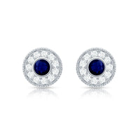 Antique Blue Sapphire and Diamond Halo Stud Earrings