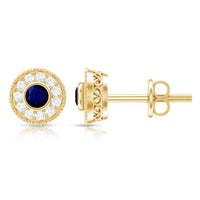 Antique Blue Sapphire and Diamond Halo Stud Earrings
