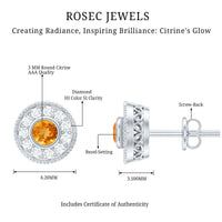 Round Citrine Halo Stud Earrings with Diamonds