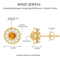Round Citrine Halo Stud Earrings with Diamonds