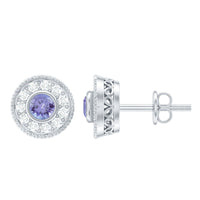 Antique Style Tanzanite and Diamond Halo Stud Earrings