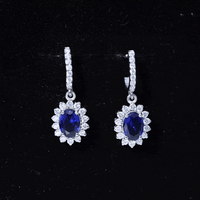 Certified Oval Lab Grown Blue Sapphire Hoop Drop Earrings with Moissanite
