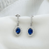 Certified Oval Lab Grown Blue Sapphire Hoop Drop Earrings with Moissanite