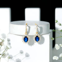 Certified Oval Lab Grown Blue Sapphire Hoop Drop Earrings with Moissanite