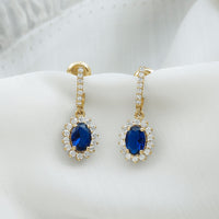 Certified Oval Lab Grown Blue Sapphire Hoop Drop Earrings with Moissanite