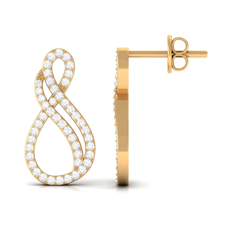 Rosec Jewels certified diamond infinity stud earrings with pave setting, showcasing sparkling diamond details in a close-up image.