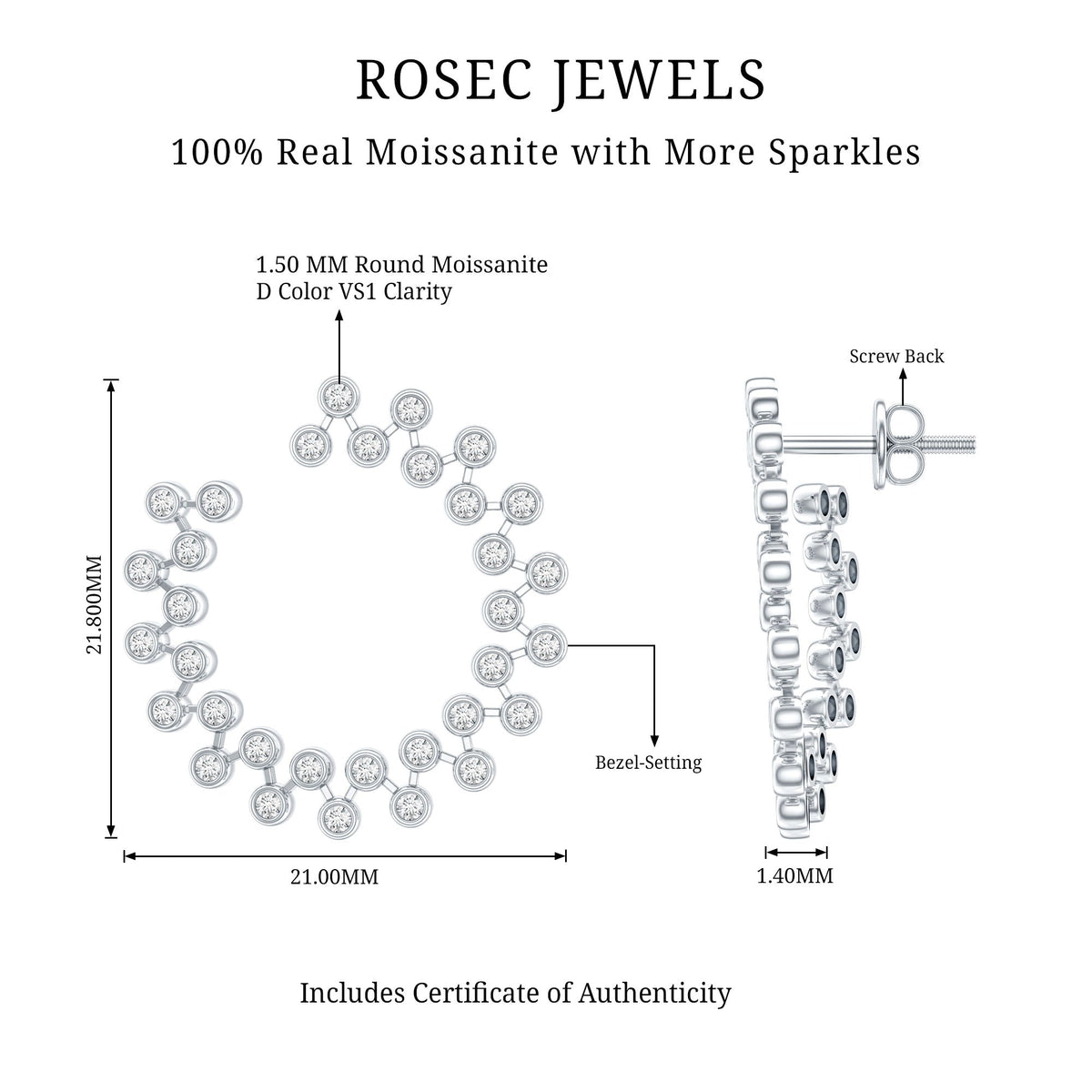 Rosec Jewels certified moissanite big stud earrings for women, showcasing sparkling gemstone studs on a silver setting.