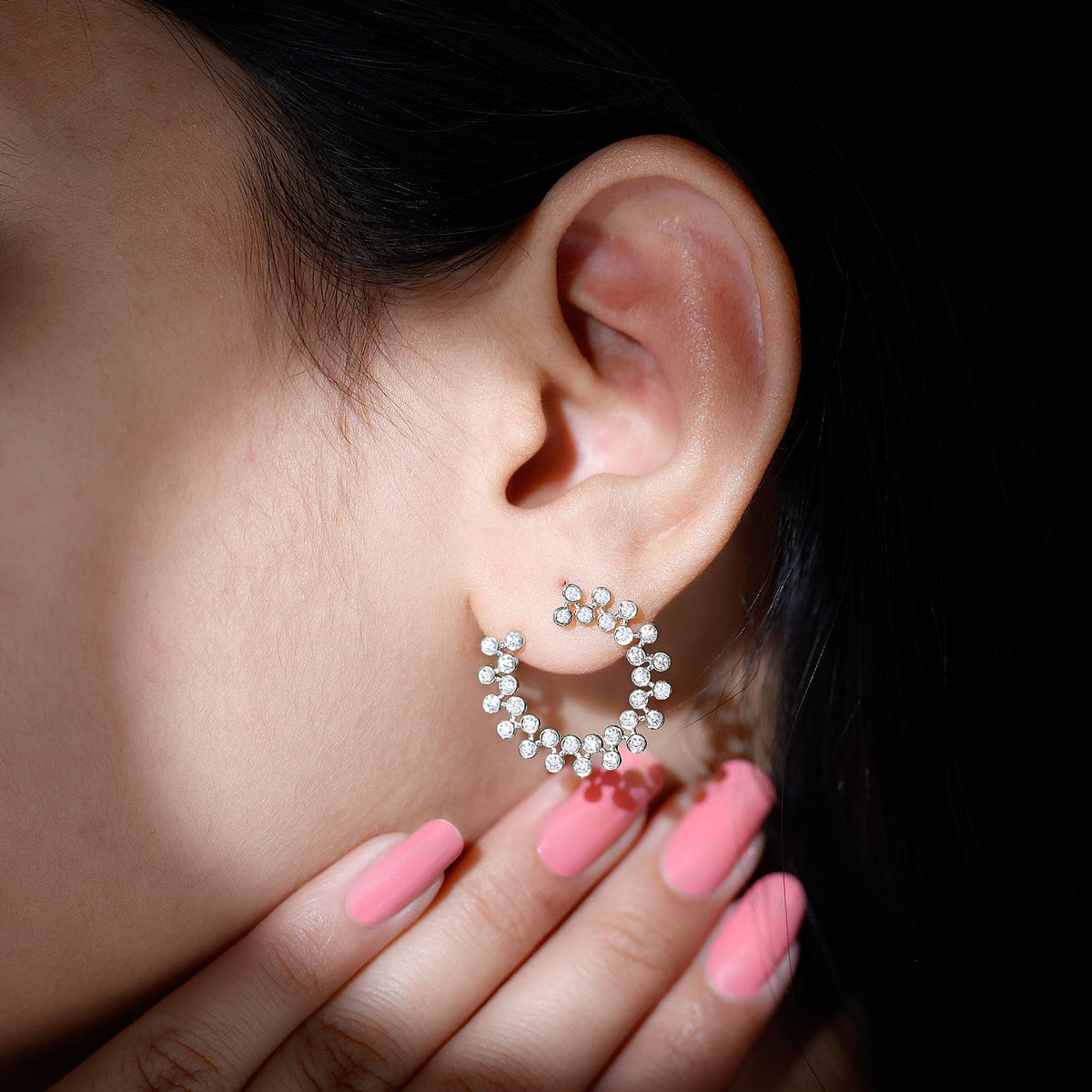 Certified moissanite big stud earrings for women with sparkling gemstones in a silver setting by Rosec Jewels.