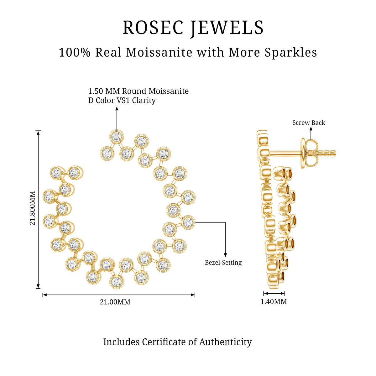 Rosec Jewels certified moissanite big stud earrings for women with sparkling gemstones and silver settings.