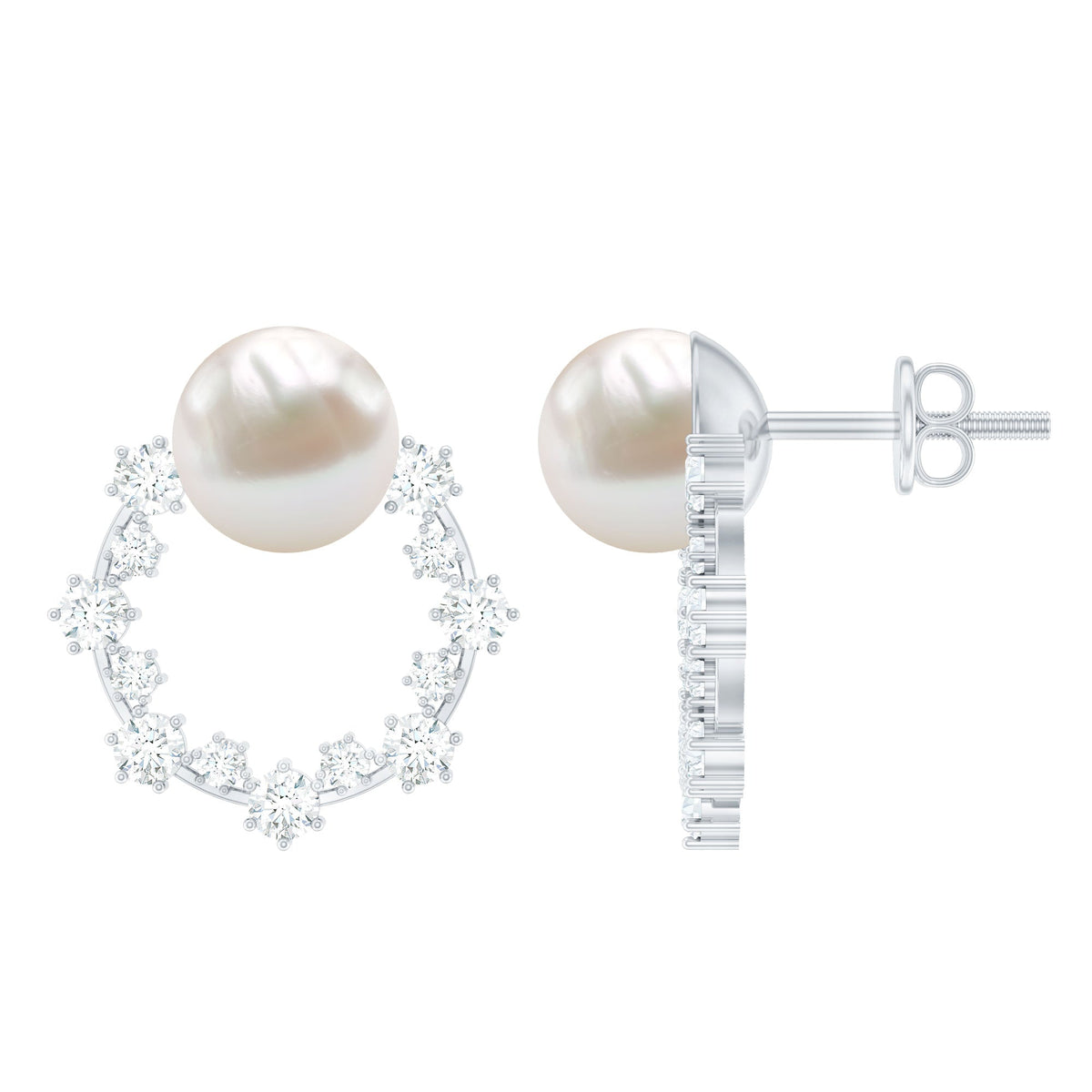 Real freshwater pearl and diamond bridal stud earrings by Rosec Jewels featuring elegant, round pearl with sparkling diamond accents.