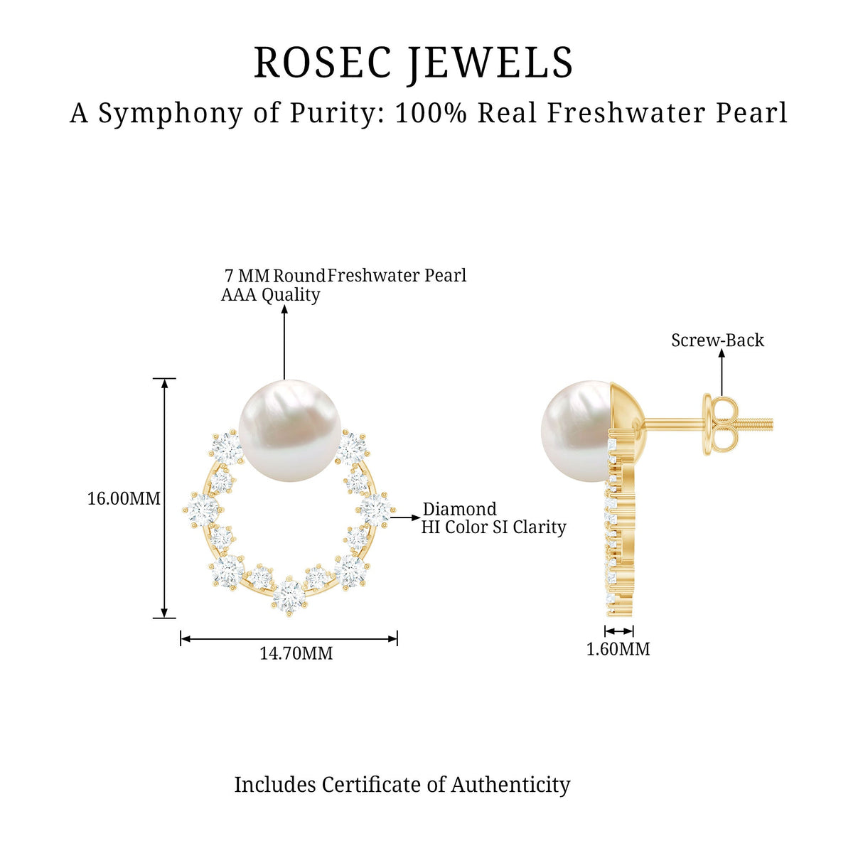 Rosec Jewels freshwater pearl and diamond bridal stud earrings with elegant white pearls and sparkling diamonds.