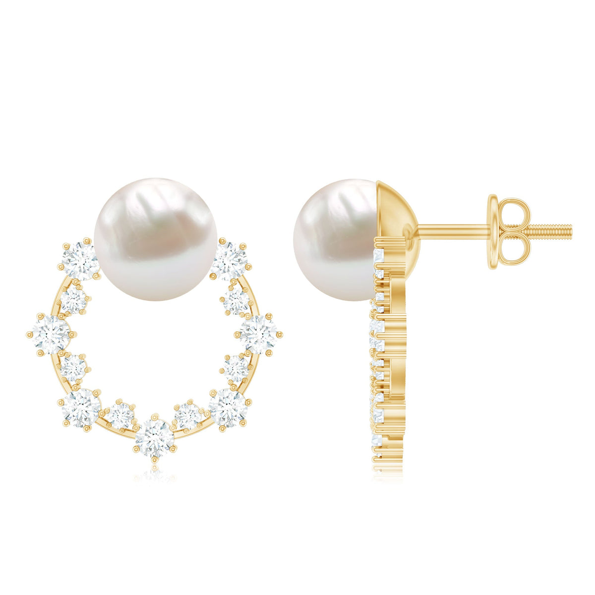Rosec Jewels freshwater pearl and diamond bridal stud earrings featuring elegant pearl and sparkling diamonds in a classic design.