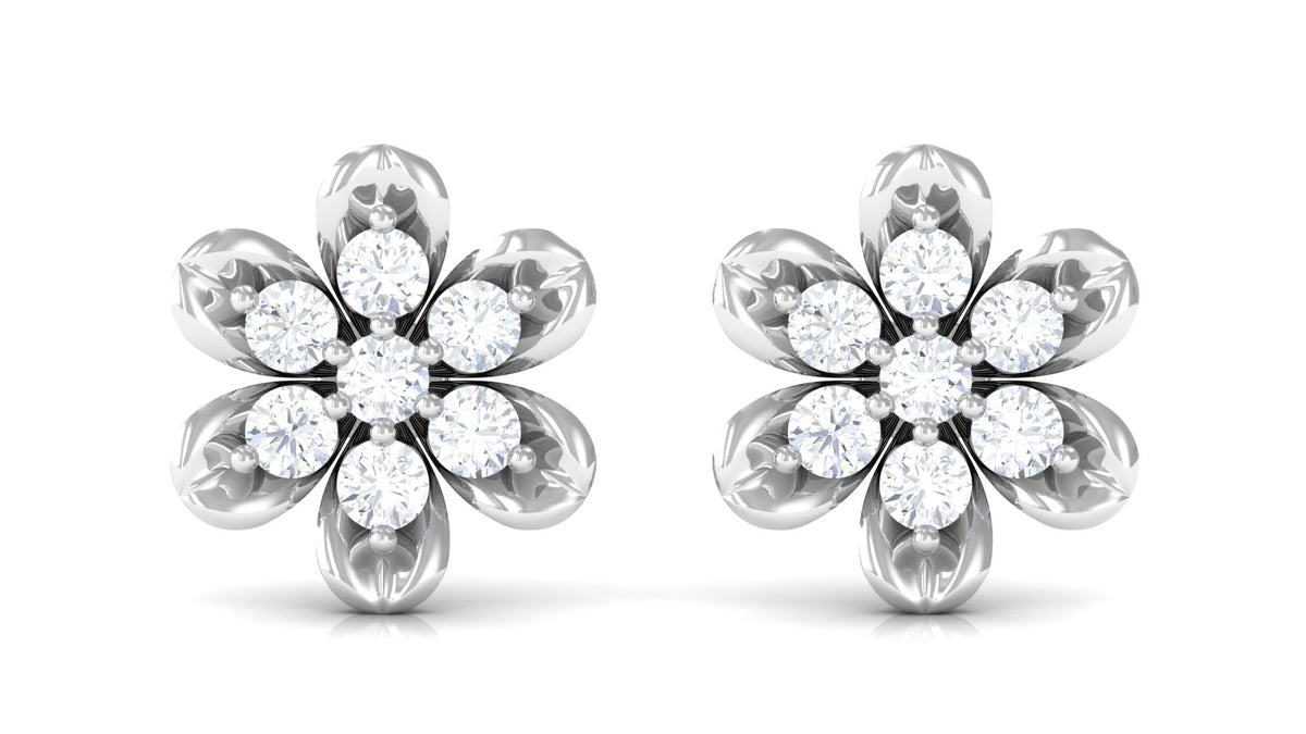 Brilliant Cut Diamond Flower Stud Earrings with Screw Back