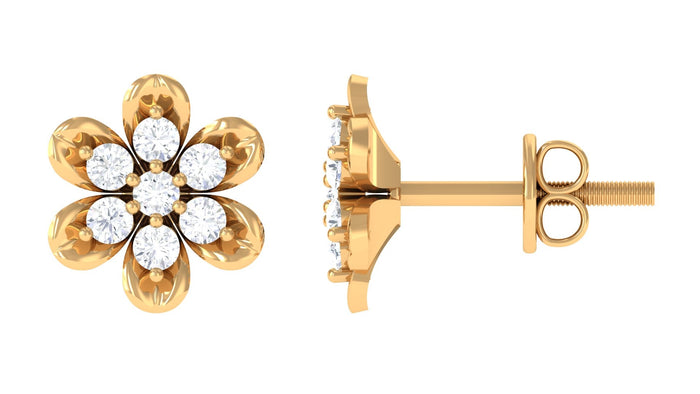 Brilliant cut diamond flower stud earrings with screw back from Rosec Jewels, featuring sparkling diamonds on a silver setting.