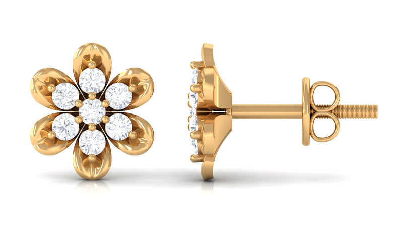 Brilliant cut diamond flower stud earrings with screw back by Rosec Jewels, showcasing sparkling diamonds and elegant floral design.