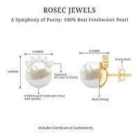 Real Freshwater White Pearl Stud Earrings with Diamonds