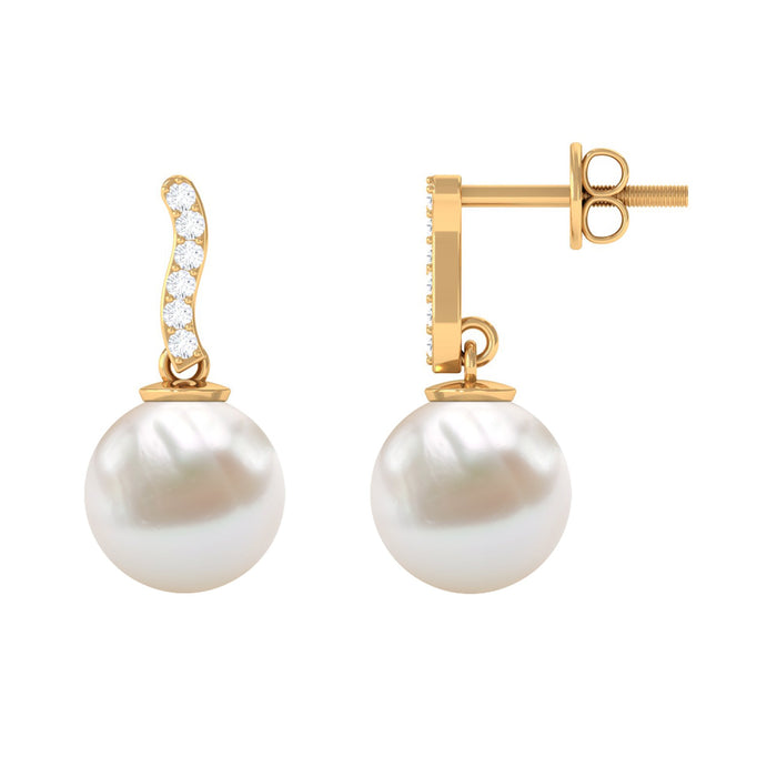 14 carat freshwater pearl drop earrings with diamond accents by Rosec Jewels, showcasing elegant pearl and sparkling diamond design.