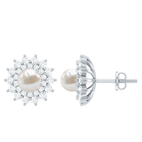 Freshwater Pearl Flower Statement Earrings with Diamond Halo