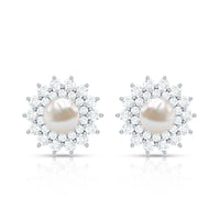Freshwater Pearl Flower Statement Earrings with Diamond Halo