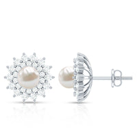 Freshwater Pearl Flower Statement Earrings with Diamond Halo