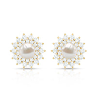 Freshwater Pearl Flower Statement Earrings with Diamond Halo