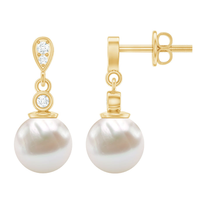 Natural freshwater pearl drop earrings with diamond accents by Rosec Jewels, featuring elegant pearl and sparkling gemstone details.