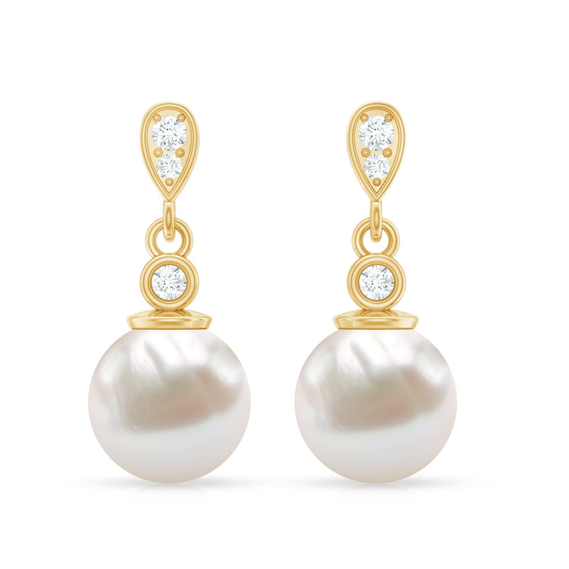 Natural freshwater pearl drop earrings with diamonds by Rosec Jewels, featuring elegant pearl and sparkling diamond accents.