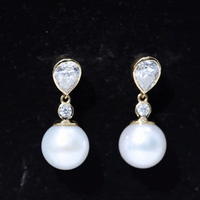 White freshwater pearl and moissanite drop earrings by Rosec Jewels featuring elegant jewelry design and sparkling gemstone accents.