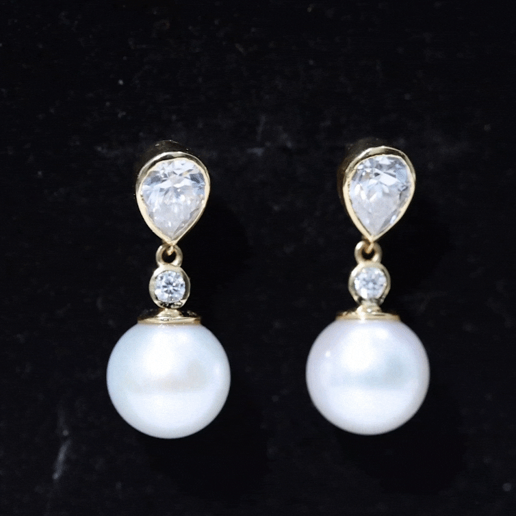 Yellow freshwater pearl and moissanite drop earrings by Rosec Jewels featuring elegant jewelry design and sparkling gemstone accents.