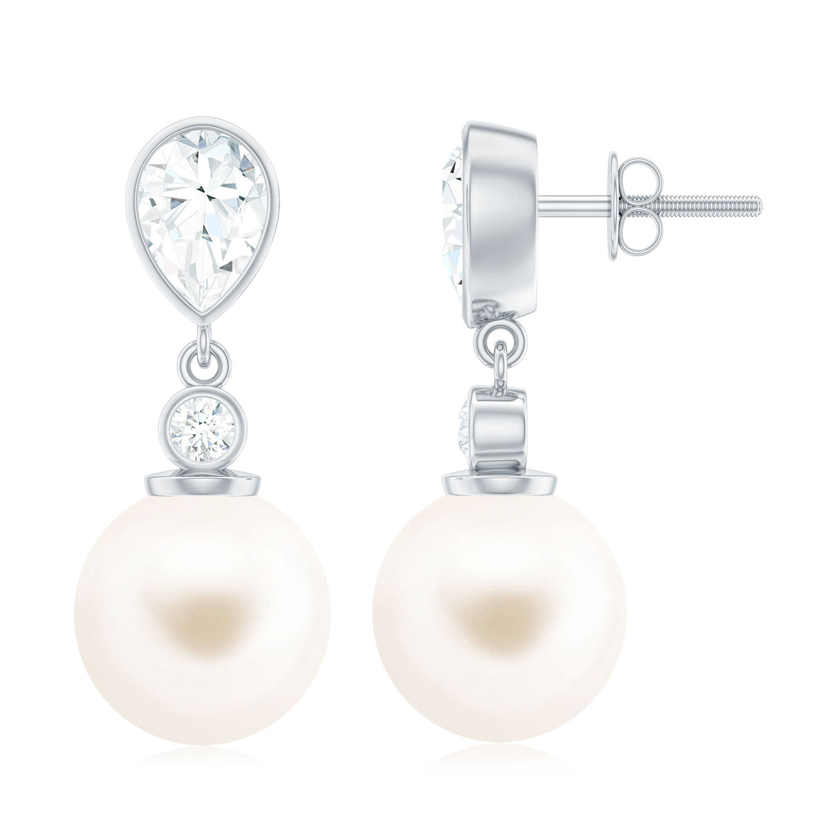Freshwater pearl and moissanite drop earrings by Rosec Jewels featuring elegant pearl and sparkling gemstone accents.
