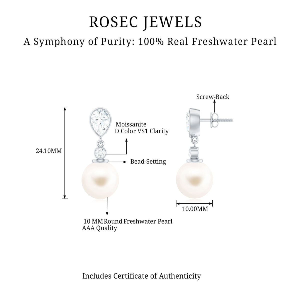 Elegant freshwater pearl and moissanite drop earrings by Rosec Jewels featuring sparkling stones and classic design.