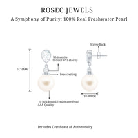 Elegant freshwater pearl and moissanite drop earrings by Rosec Jewels featuring sparkling stones and classic design.