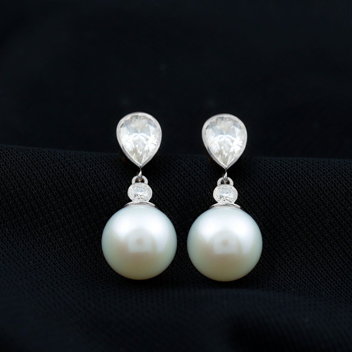 Freshwater pearl and moissanite drop earrings by Rosec Jewels, featuring elegant pearl and sparkling gemstone design.