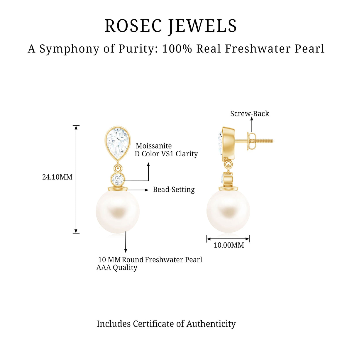 Freshwater pearl and moissanite drop earrings by Rosec Jewels featuring elegant pearl and sparkling gemstone details.