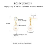 Freshwater pearl and moissanite drop earrings by Rosec Jewels featuring elegant pearl and sparkling gemstone details.