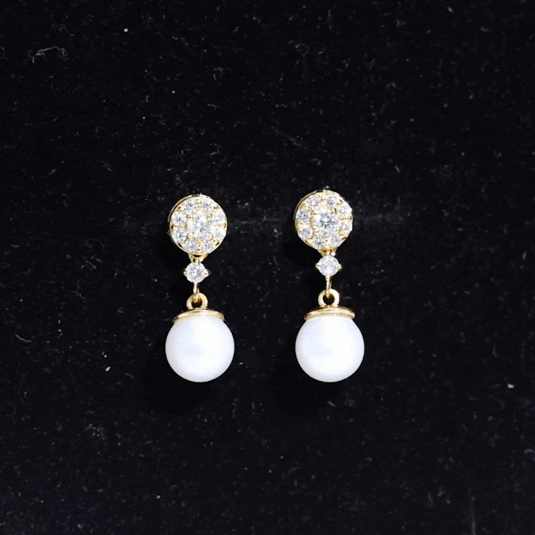 Genuine 6-carat freshwater cultured pearl drop earrings with diamonds by Rosec Jewels, featuring yellow accents.