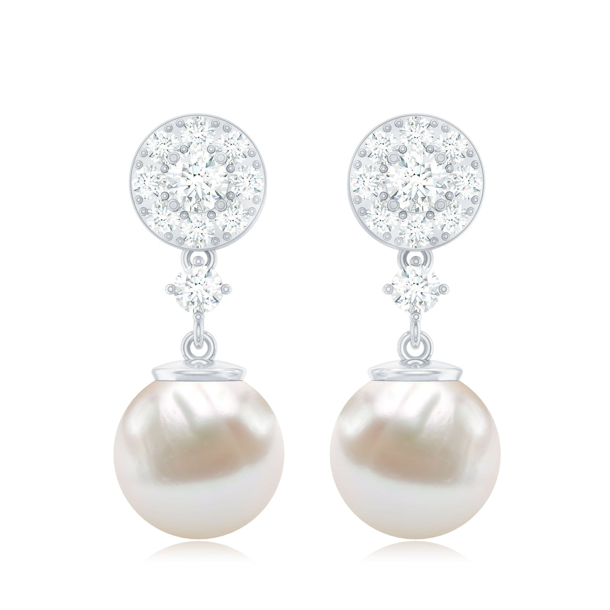 Genuine 6 Carat Freshwater Cultured Pearl Drop Earrings with Diamonds