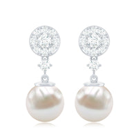 Genuine 6 Carat Freshwater Cultured Pearl Drop Earrings with Diamonds